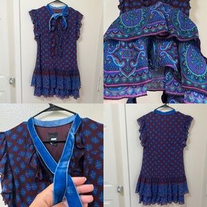 •ANNA SUI• Velvet Trim Ruffle Tiered Wool Silk Blend Midi Dress